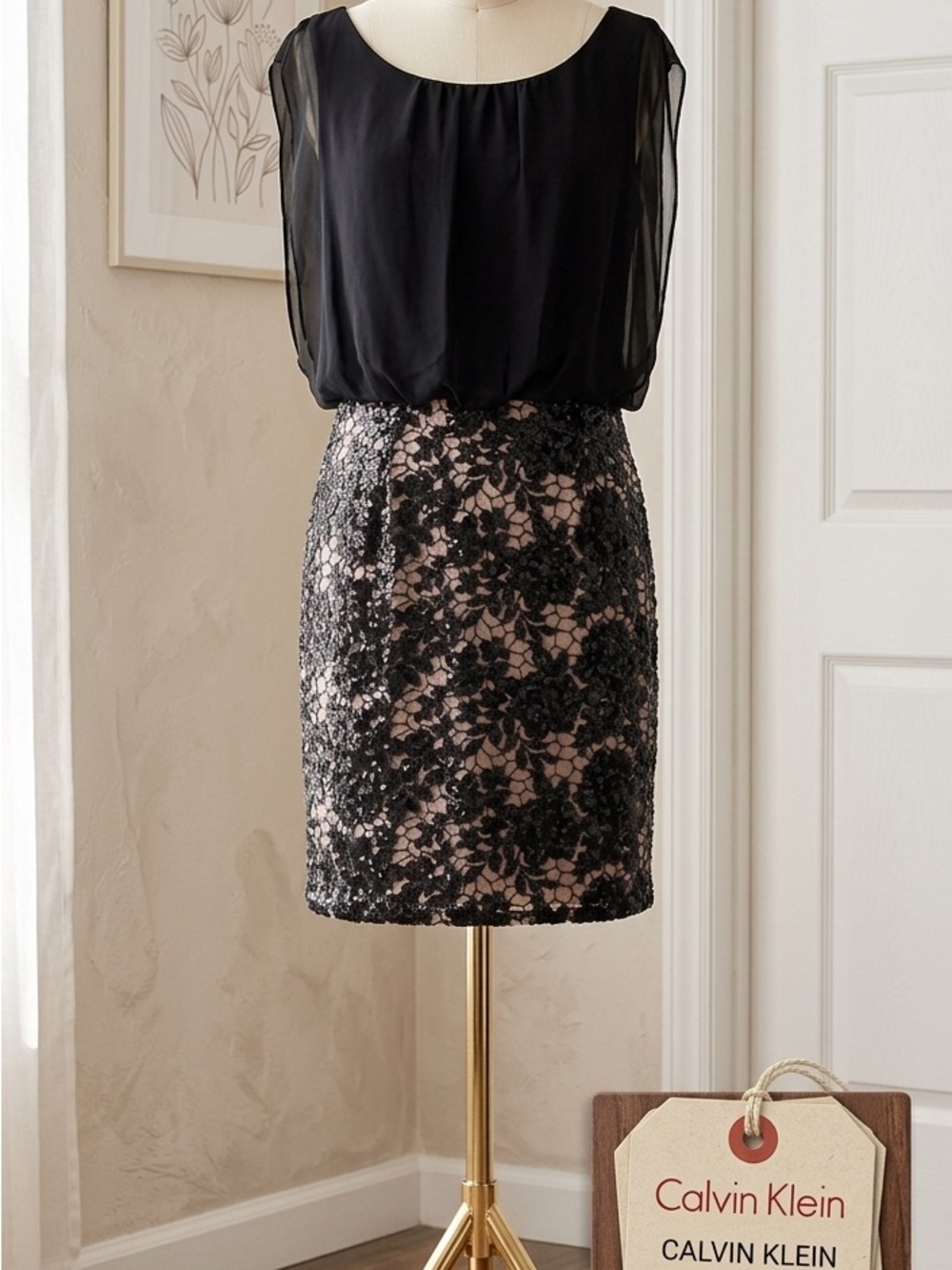 Calvin Klein Black blouse Dress and Black Pencil skirt with lace Overlay and nud